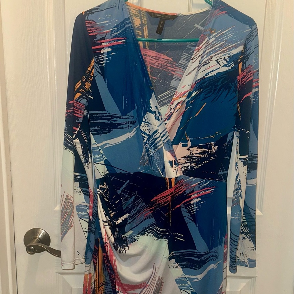 BCBGMaxAzria Blue and White Long Sleeve Asymmetrical Dress